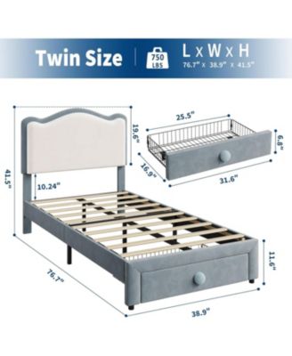 Twin Size Upholstered Bed Frame with 2 Drawers, Double Wavy Headboard, Princess Platform for Girls