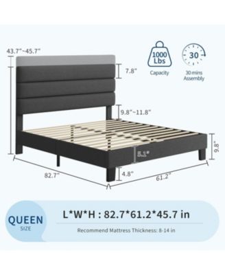 Queen Size Platform Bed Frame with Adjustable Headboard, Linen Upholstery, Wood Slats, No Box Spring Needed, Dark Grey