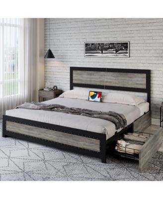 Full Bed Frame with Headboard Industrial Platform Charging Station 4 Storage Drawers Metal Slats Grey