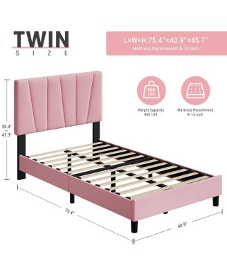 Twin Size Bed Frame with Headboard Adjustable, Velvet Upholstered Twin Platform Bed with Headboard