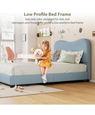Twin Bed Frame for Kids with Velvet Upholstered Headboard, Cute Low Profile Platform Bed for Girls and Boys