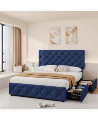 Queen Bed Frame with 4 Storage Drawers and Headboard, Linen Upholstered Platform Bed Frame with Wooden Slats Support