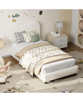 Twin Bed Frame &acirc;€“ Upholstered Boucle, Low Profile, Wooden Slats, Platform Bed