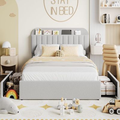 Boucle Storage Bed with Built-In Bookcase, 2 Drawers, Sturdy Frame, No Box Spring Required