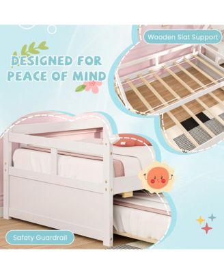 Twin Size House Bed w/ Trundle Roof & Safety Guardrail Wood Slat Support