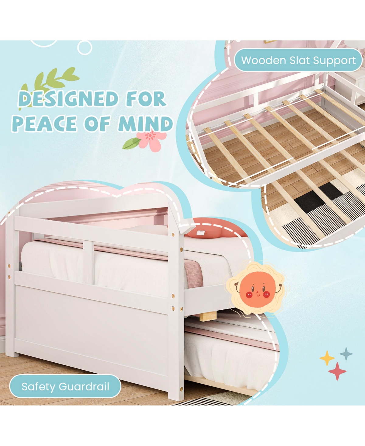 Gymax Twin Size House Bed w/ Trundle Roof & Safety Guardrail Wood Slat Support