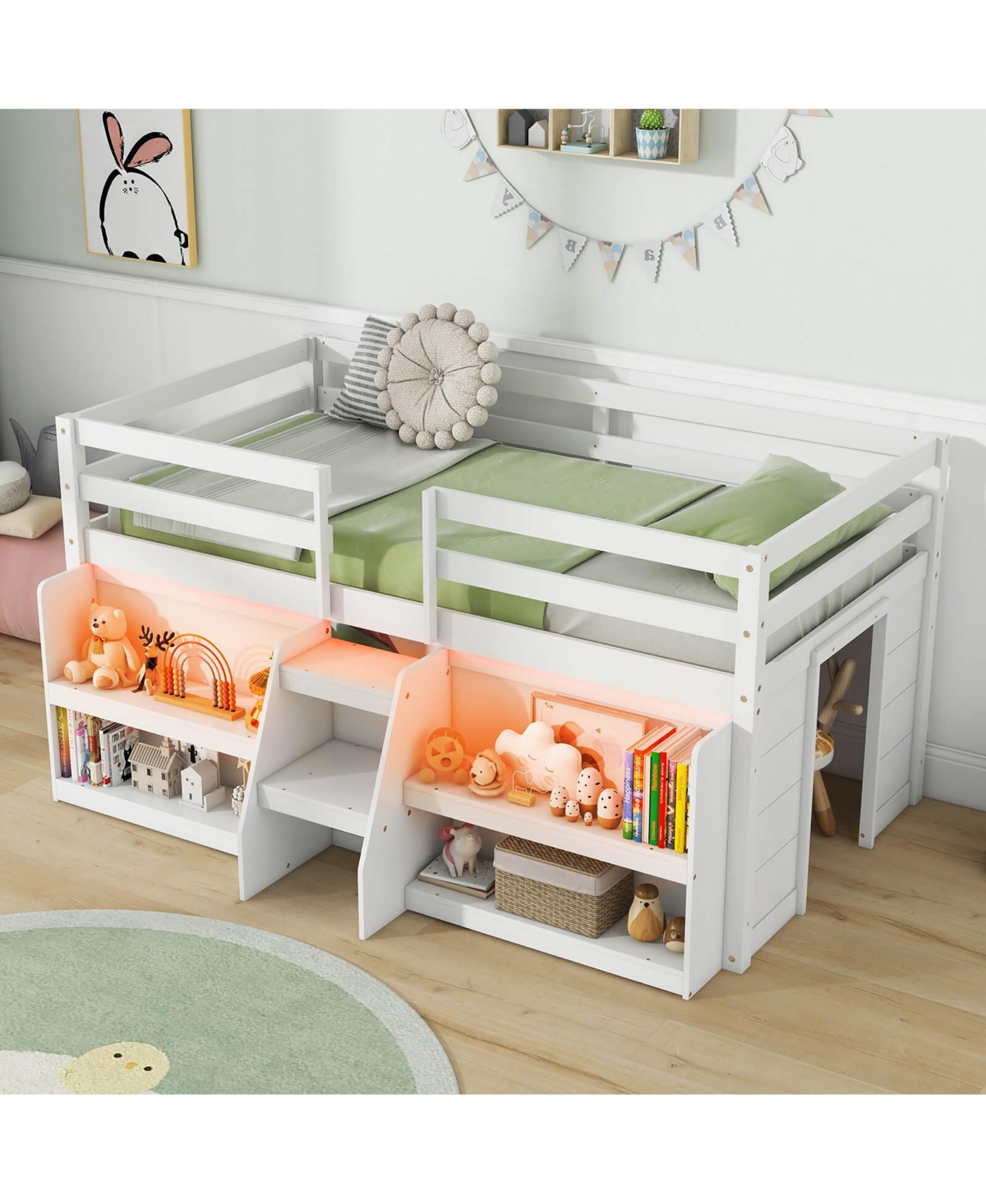 Gymax Twin Loft Bed w/ Led Lights Staircase & Safety Guardrail Under-bed Storage