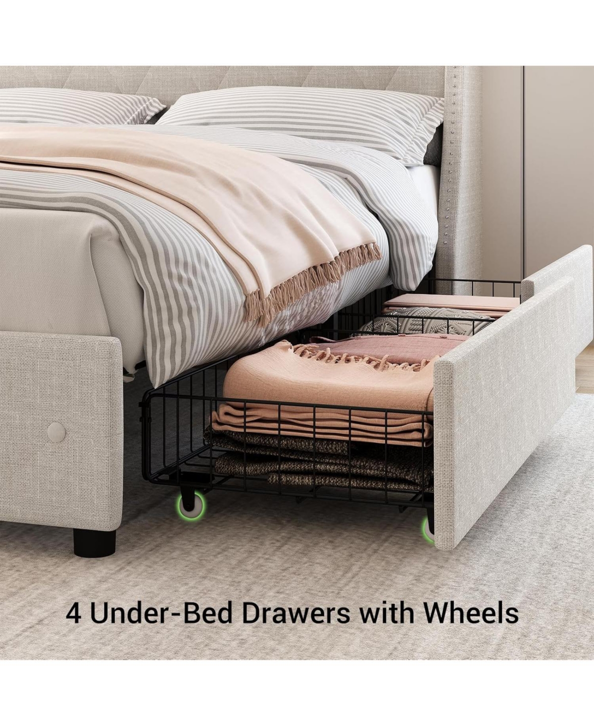 gaomon Upholstered Bed Frame with 4 Storage Drawers, Headboard and Storage, Platform Bed Frame with Charging Station & Wingback