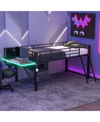 Black Metal Twin Size Gaming Mid Loft Bed with BuiltIn Desk and MultiColor LED Lighting Space Saving Furniture for Kids and Teens Bedrooms