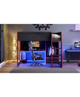 Wood Gaming Loft Bed with BuiltIn Desk Wardrobe and Storage Drawer LED Lighting Space Saving Furniture for Teens and Adults Bedrooms