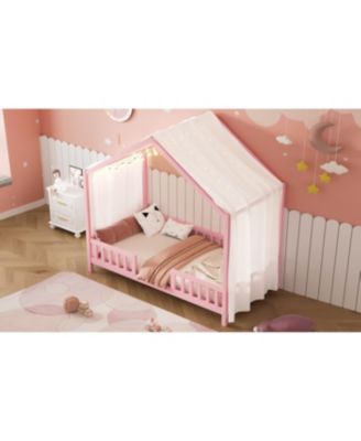 Streamdale Montessori Floor Bed with Canopy, Twin Bed Frame for Kids