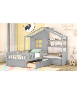 Twin Size Pinewood House Bed with Linen Sofa, Drawers and Storage Shelf