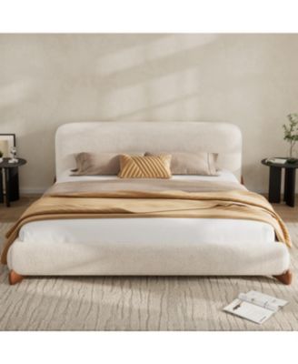 Streamdale Queen Size Boucle Upholstered Platform Bed with Solid Wood Legs, White