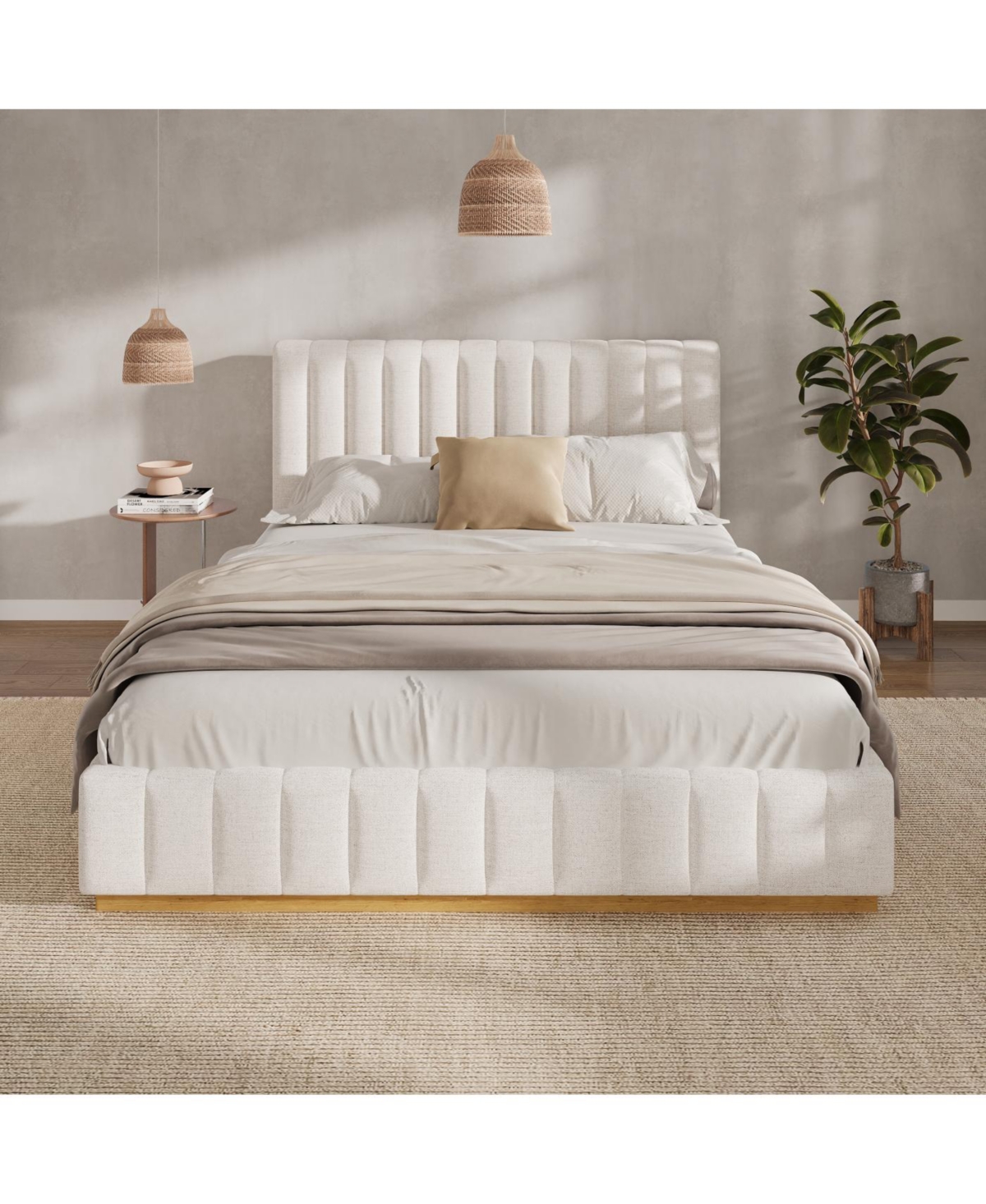 Streamdale Furniture Queen Size Linen Upholstered Bed Frame with Solid Wood Base