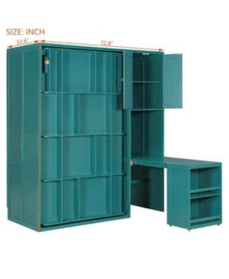 Twin Size Rotating Wall Murphy Bed with Bookshelf & Desk, Teal
