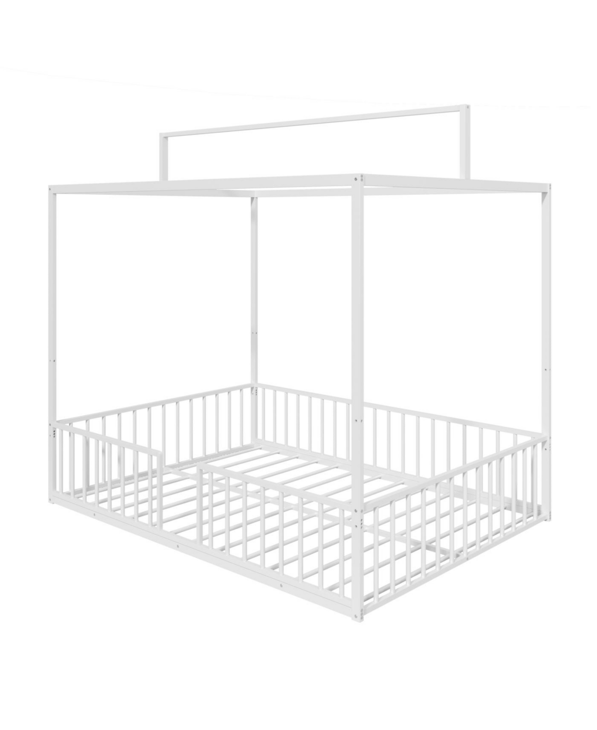 Streamdale Furniture 3-in-1 Convertible Montessori Metal Floor Bed, Fenced Toddler Bed, Canopy Platform