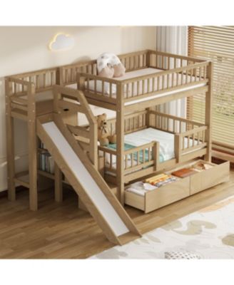 Twin over Twin Bunk Bed w/ Storage Stairs, Slide, 2 Drawers, Walnut