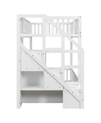 Twin over Twin Floor Bunk Bed, Ladder with Storage