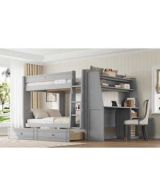 Full size Multifunctional Bunk Bed with Desk and Bookshelves, Drawers, Gray