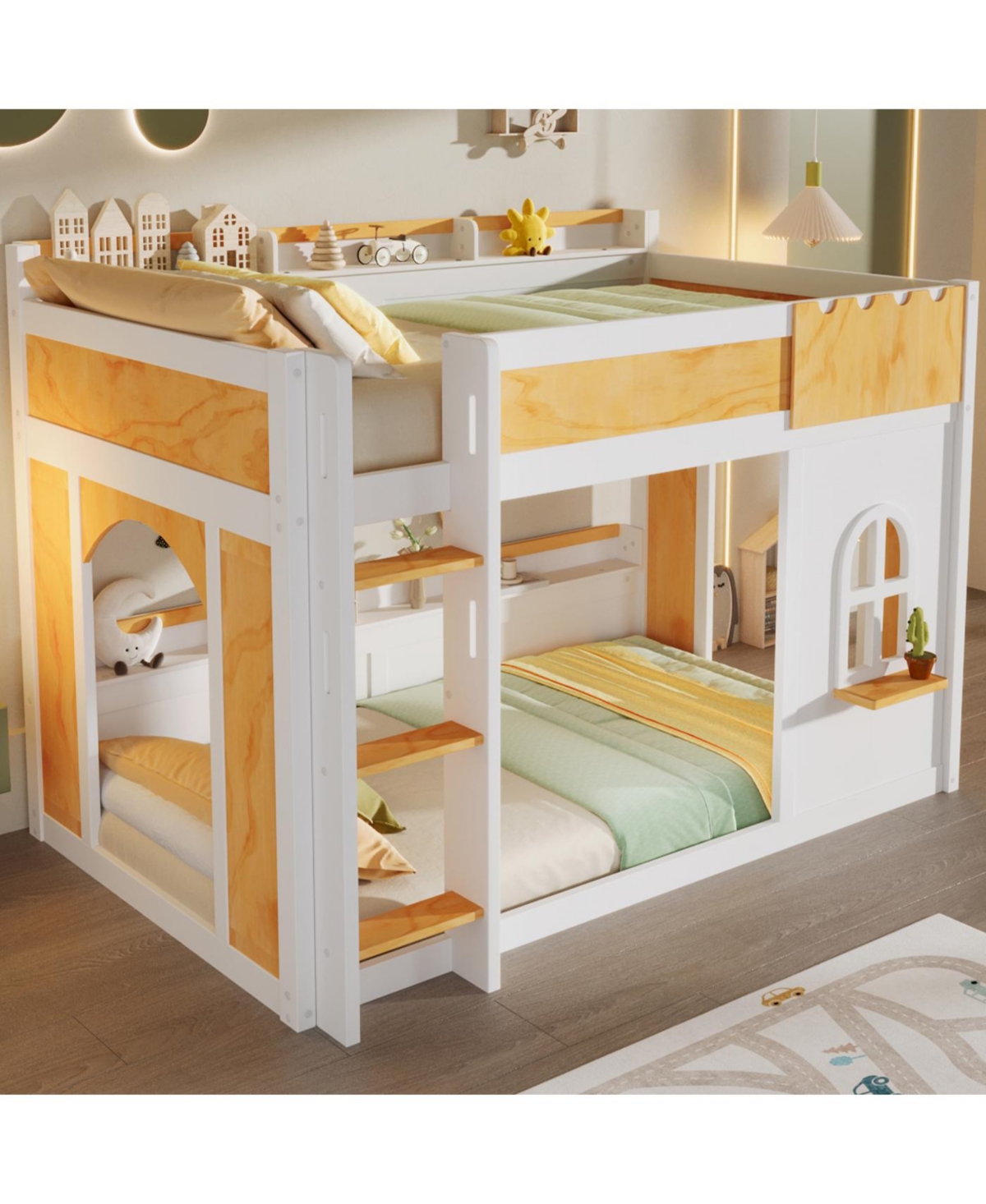 Streamdale Furniture Twin Bunk Bed with Storage, Window, Doors, White+Natural