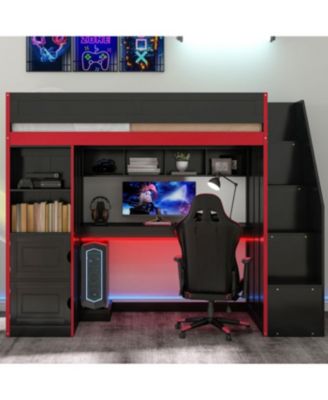 Streamdale Gaming Loft Bed with Desk and Storage, LED Lights, Full