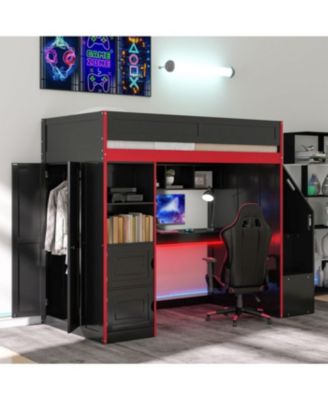 Streamdale Gaming Loft Bed with Desk and Storage, LED Lights, Full