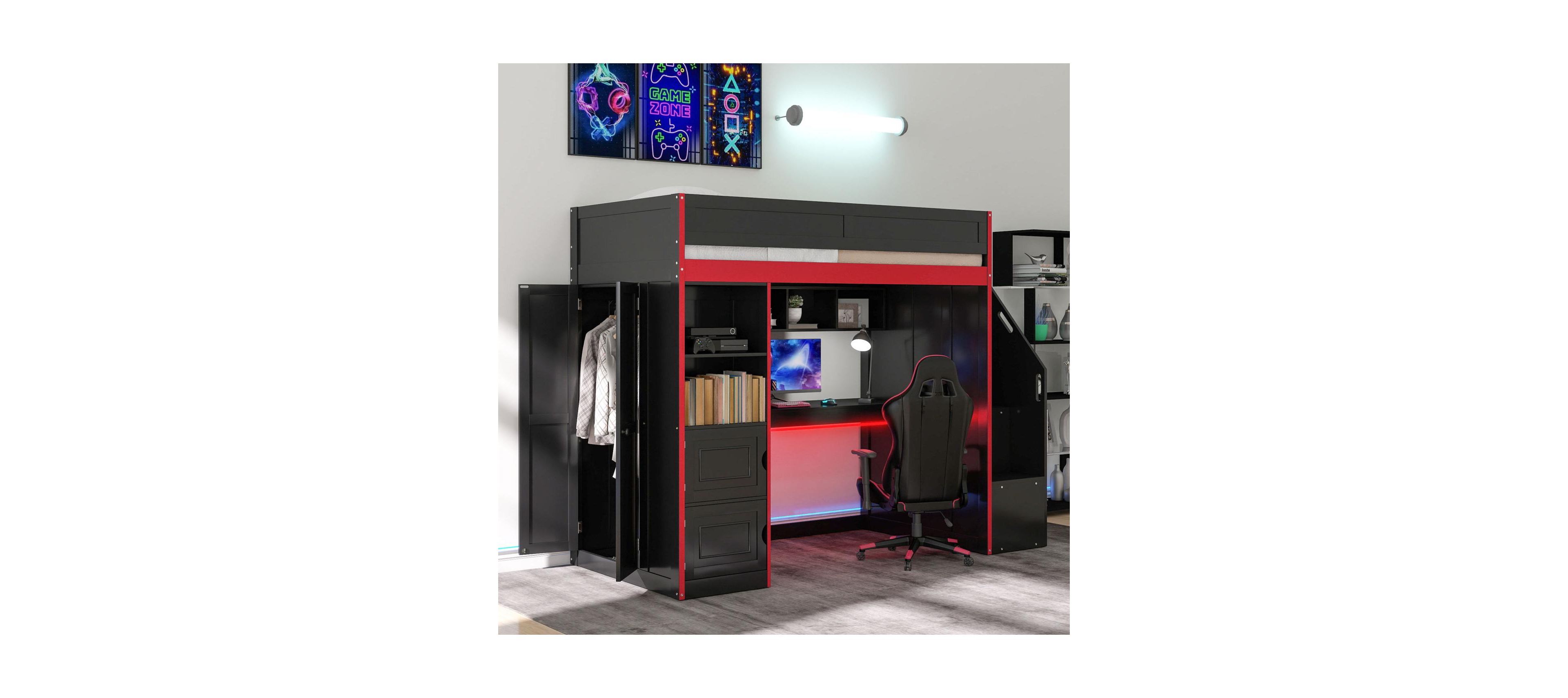 Streamdale Furniture Streamdale Gaming Loft Bed with Desk and Storage, Led Lights, Full