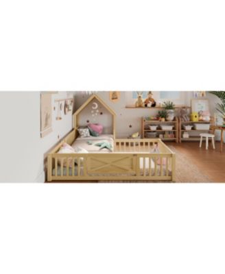 Twin Size House Floor Bed with Door and Guardrails, Natural
