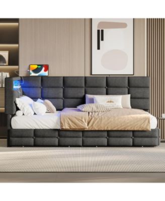 Upholstered Twin Daybed with 2 Drawers, LED Lights & Charging, Gray