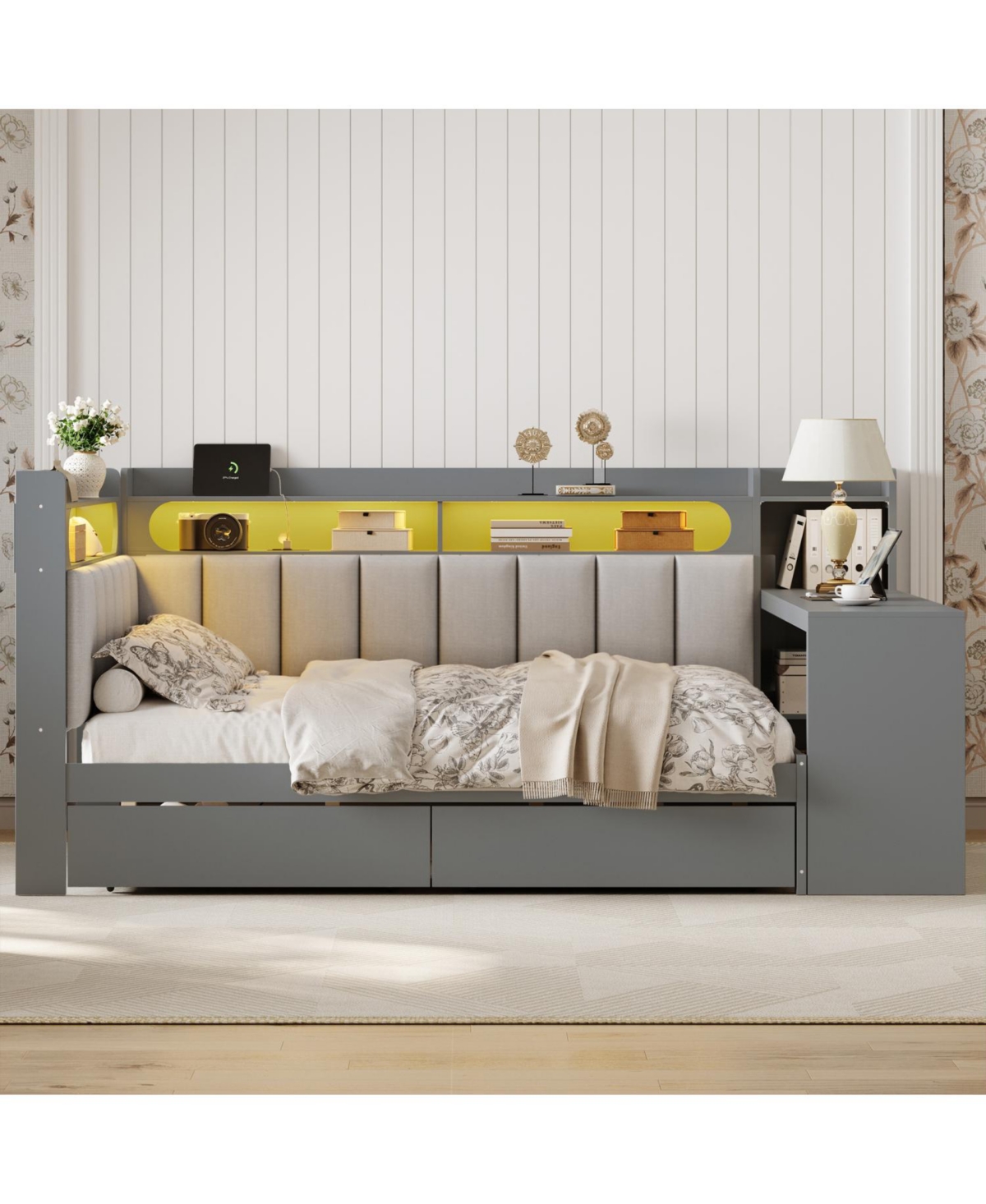 Streamdale Furniture Gray Daybed: Storage, Charging, Led, Desk, Upholstered