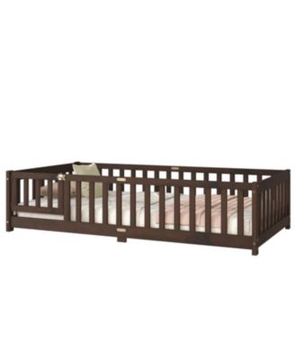  Twin Floor Bed with Fence & Door, Espresso