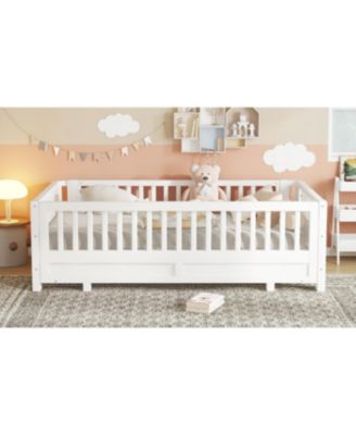 Streamdale Twin Size Platform Bed with Guardrails, Solid Wood, Convertible to Double Twin, White