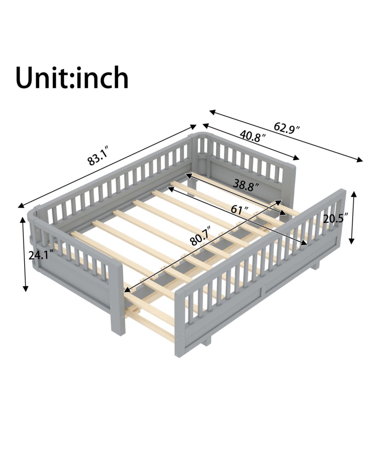 Streamdale Furniture Twin Xl Solid Wood Platform Bed with Guardrails, Converts to Queen