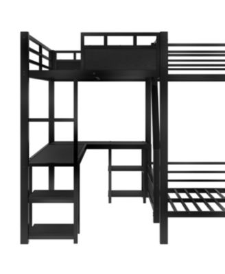 L-Shaped Metal Bunk Bed with Twin Loft, Desk, Storage, and Slide (Black)