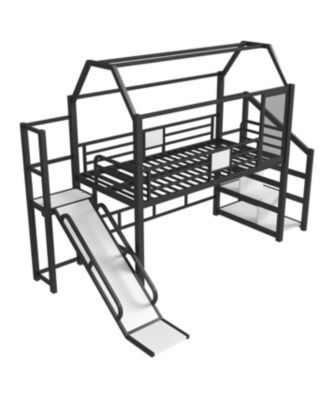 Streamdale Twin Loft Bed with Slide, Stairs, Storage & House Roof - Black