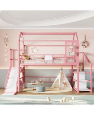 Full House Loft Bed with Slide, Stairs, Storage, Pink
