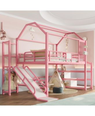  Full House Loft Bed with Slide, Stairs, Storage, Pink