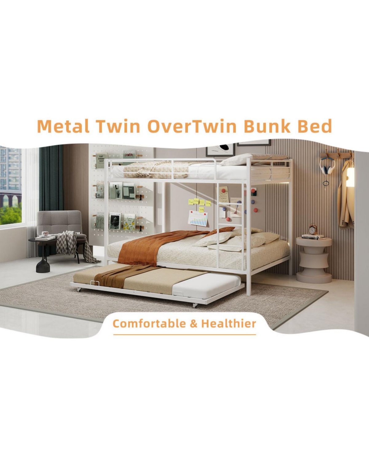 Streamdale Furniture Durable Square Tube Iron Bunk Bed with Safety Rails - Queen Size