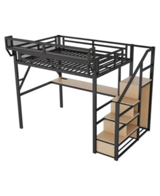 Full Loft Bed with Desk, Charging Station & Stairs - Black
