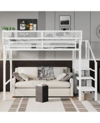 Twin XL Loft Bed with Stairs, Storage Shelves & Wardrobe - White