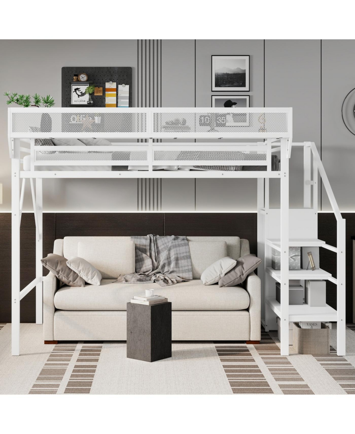 Streamdale Furniture Twin Xl Loft Bed with Stairs, Storage Shelves & Wardrobe - White