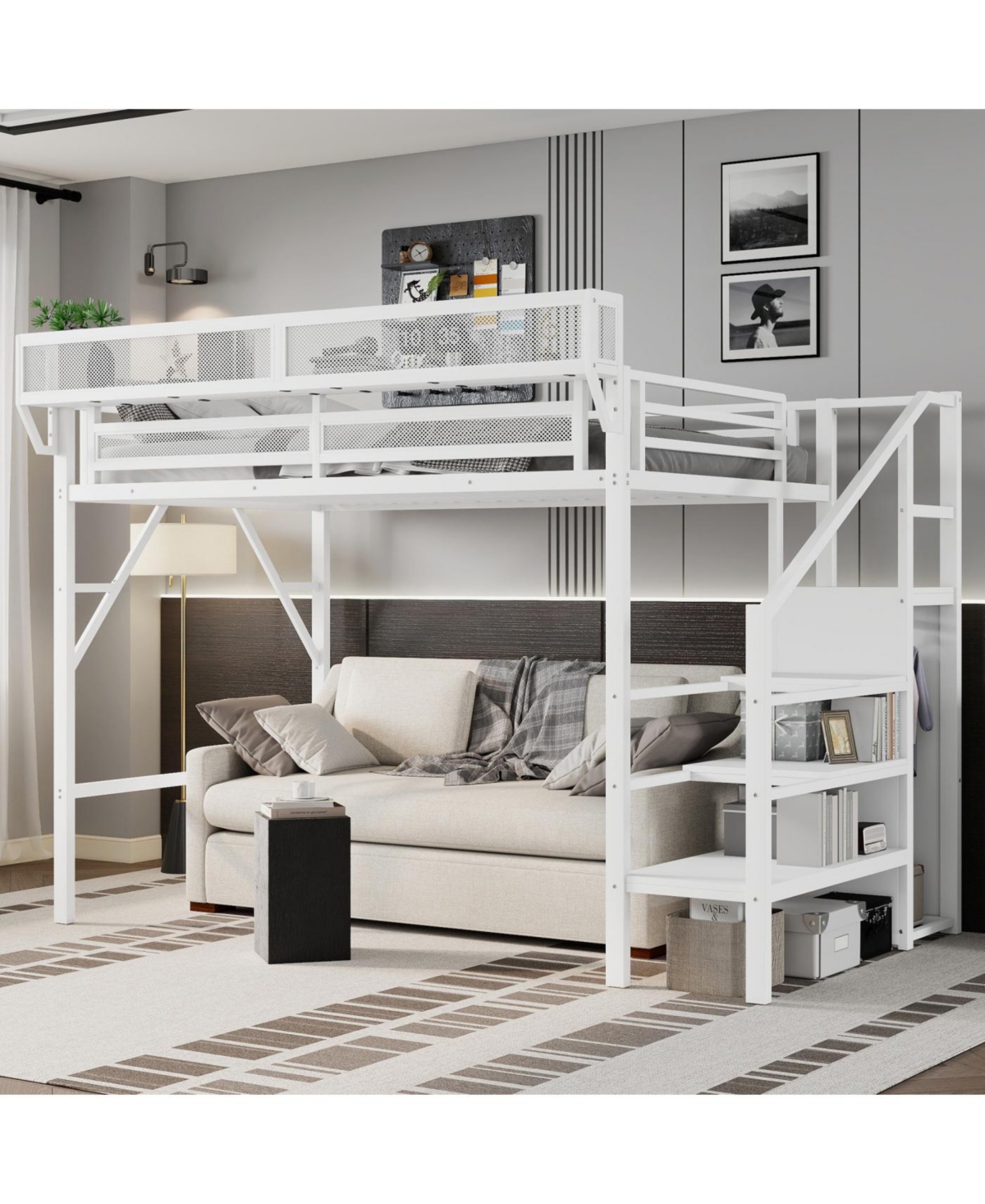Streamdale Furniture Twin Xl Loft Bed with Stairs, Storage Shelves & Wardrobe - White