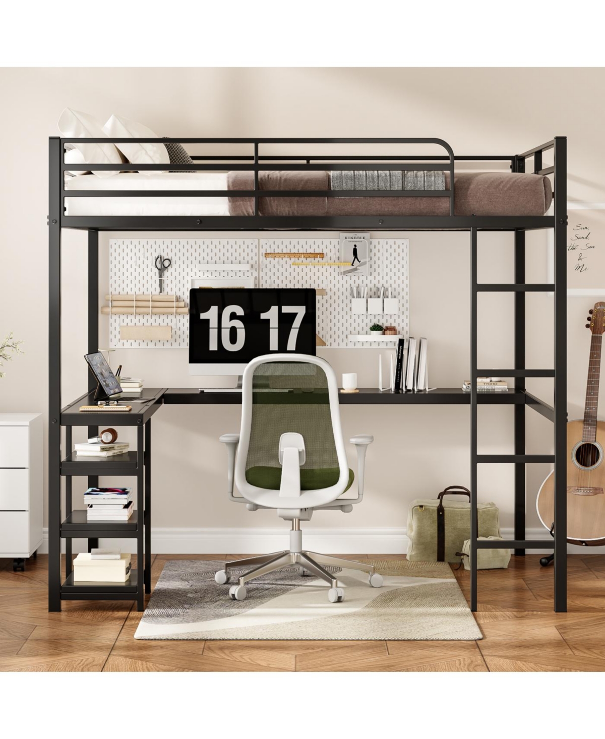 Streamdale Furniture Full Size Loft Bed with Desk & Shelves, Heavy Duty Metal Frame, Black