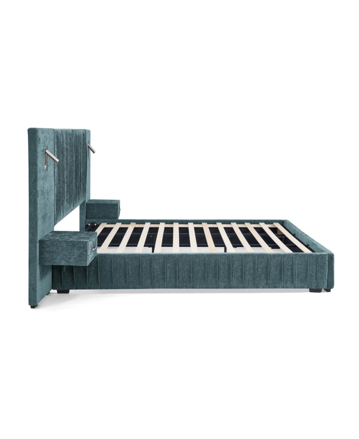 Streamdale King Size Upholstered Bed Frame with Chenille, Pleated Design, No Box Spring Needed-Blue-Green