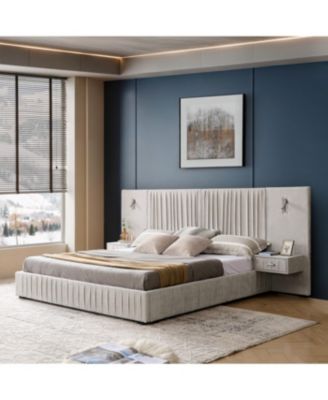 Streamdale King Size Chenille Upholstered Bed Frame with Pleated Design - Beige