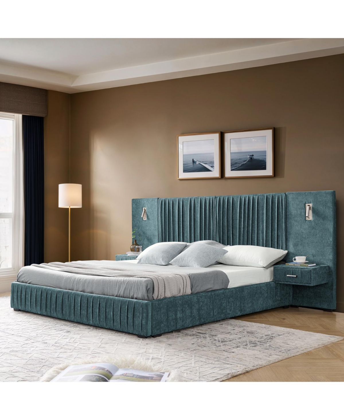 Streamdale Queen Size Chenille Upholstered Bed Frame with Pleated Design - Blue-Green