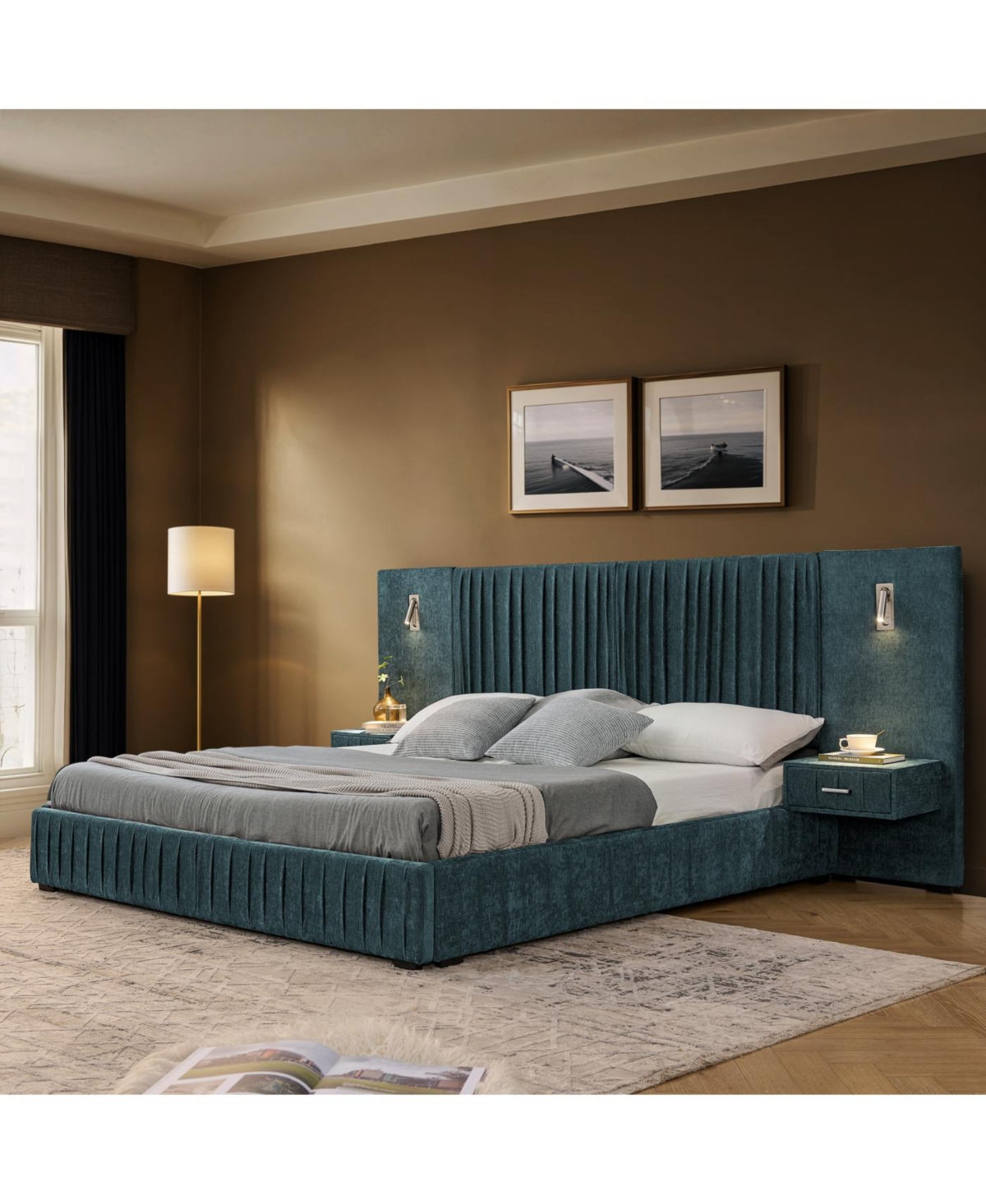 Streamdale Queen Size Chenille Upholstered Bed Frame with Pleated Design - Blue-Green