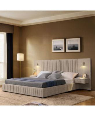 Streamdale Queen Size Chenille Upholstered Bed Frame with Pleated Design - Beige