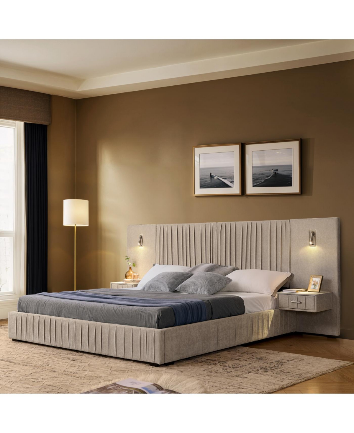 Streamdale Furniture Streamdale Queen Size Chenille Upholstered Bed Frame with Pleated Design - Beige