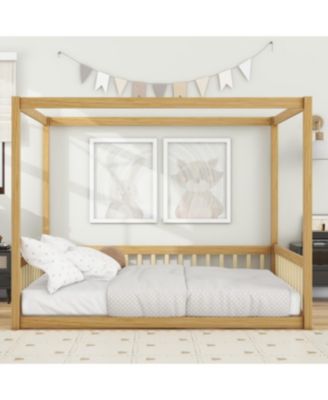 Full Size Canopy Frame Rubber Wood Floor Bed with Fence, Guardrails